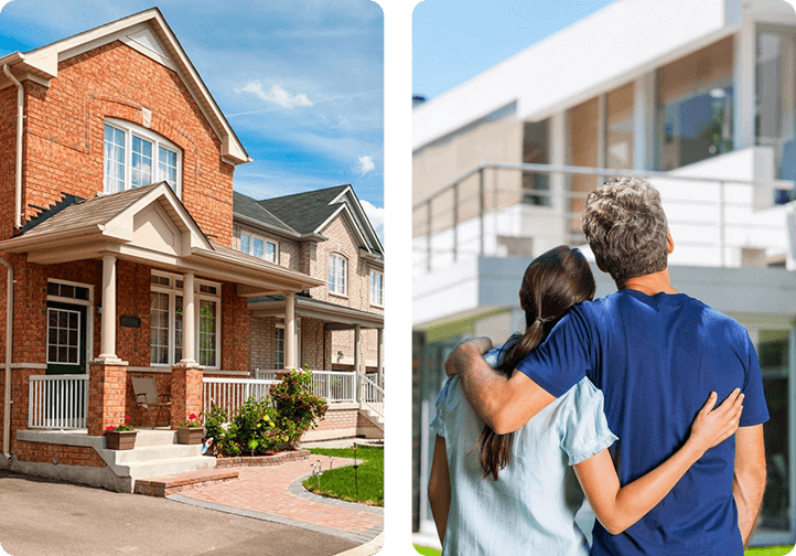 A couple of people standing in front of some houses